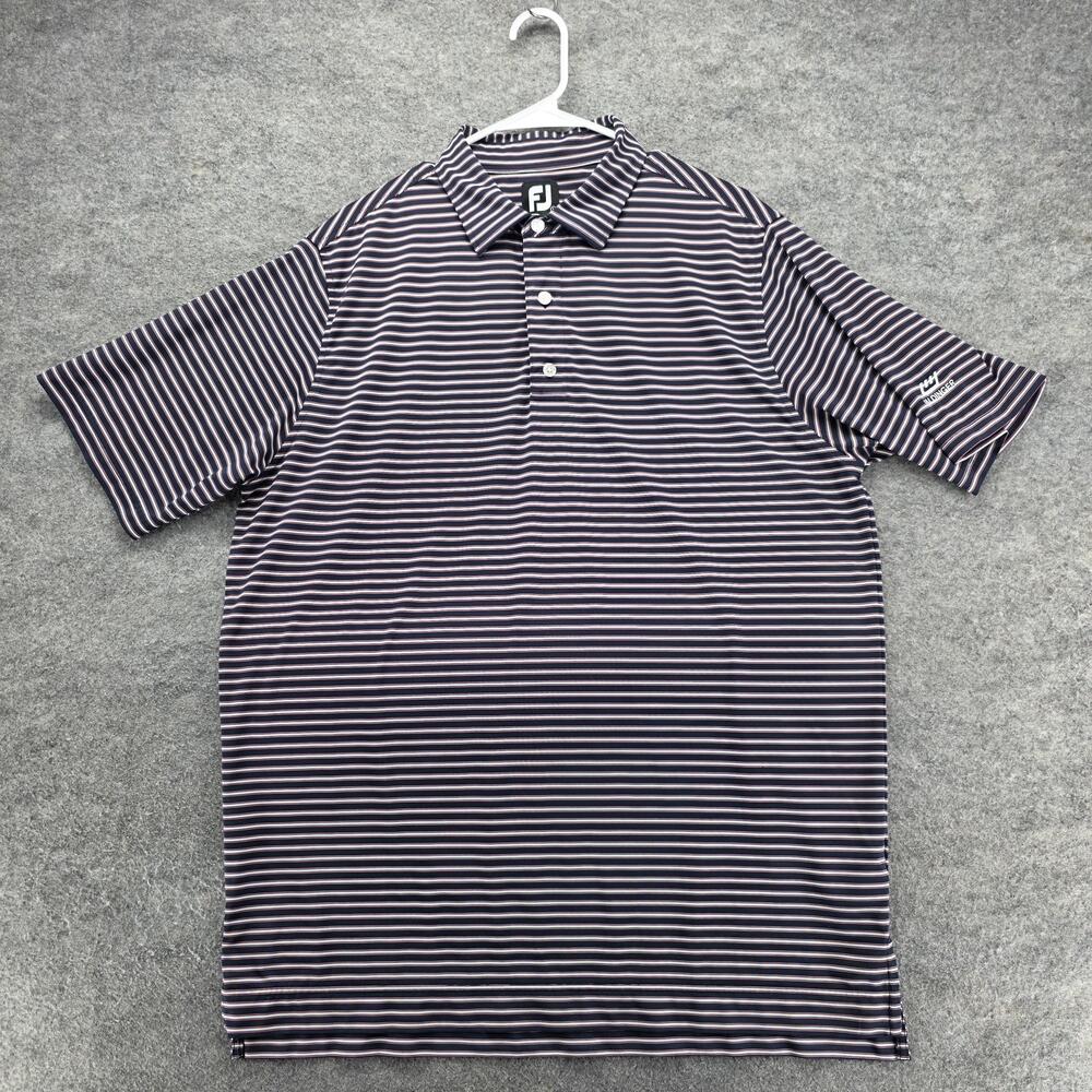 FootJoy Polo Shirt Mens Large Navy Pink Stripe Waldinger Logo Golf Performance